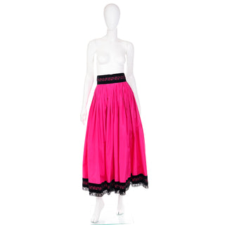 1980s Oscar de la Renta Pink Taffeta Maxi Skirt w Black Velvet & Lace