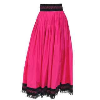 1980s Oscar de la Renta Pink Taffeta Maxi Silk Skirt with Black Velvet & Lace