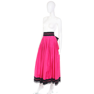 1980s Oscar de la Renta Pink Taffeta Vintage Maxi Skirt with Black Velvet & Lace