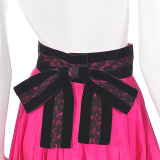 1980s Oscar de la Renta Pink Taffeta Maxi Skirt with Black Velvet & Lace Small