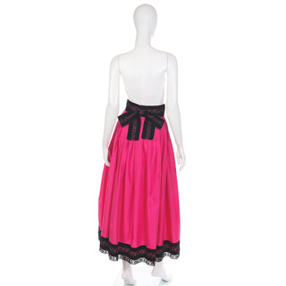 Vintage 1980s Oscar de la Renta Pink Taffeta Maxi Skirt with Black Velvet & Lace
