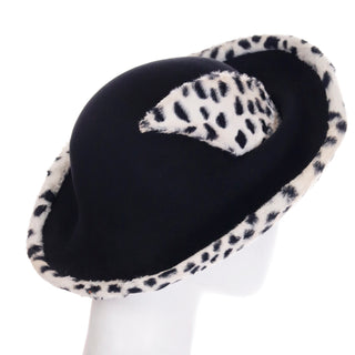 1980s Oscar de la Renta Millinery Vintage Black & White Faux Leopard Wool Hat w upturned brim