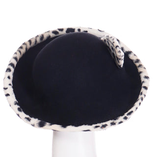 1980s Oscar de la Renta Millinery Vintage Black & White Faux Leopard Wool Hat 21 inches