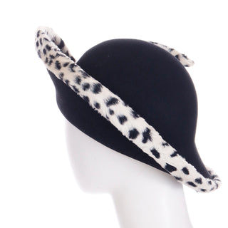 1980s Oscar de la Renta Millinery Vintage Black & White Faux Leopard Wool Hat with upturned brim