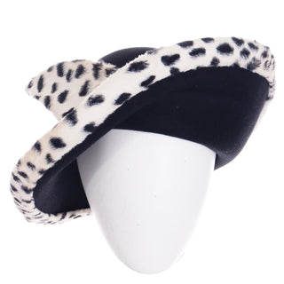 1980s Oscar de la Renta Millinery Vintage Black & White Faux Leopard Wool Hat