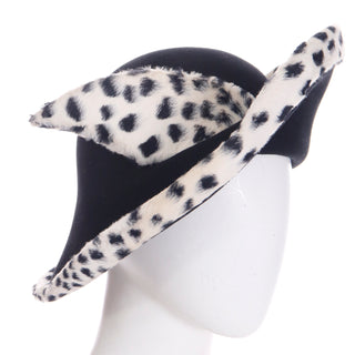 1980s Oscar de la Renta Millinery Vintage Black & White Faux Leopard Dramatic Wool Hat