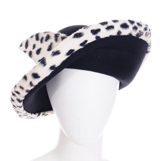 1980s Oscar de la Renta Millinery Vintage Black & White Faux Leopard Wool Hat Millinery