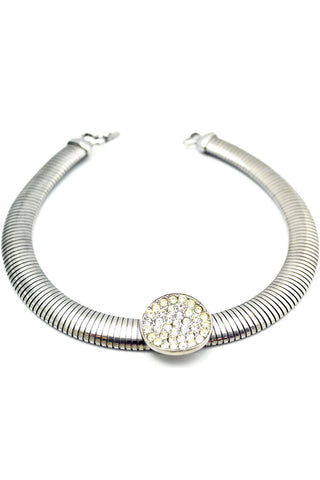Signed vintage rhinestone collar necklace omega chain silvertone - Dressing Vintage