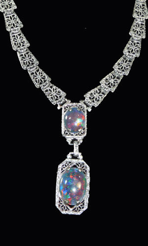 Vintage art deco necklace PS Co. Rhodium plated filigree opals SOLD - Dressing Vintage