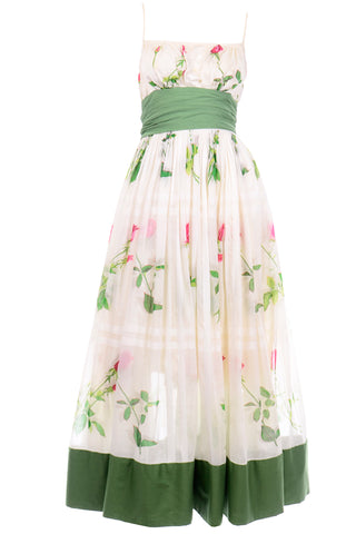 Vintage Pat Premo Dress With Full Skirt Pink Roses and Green Sash 1950s