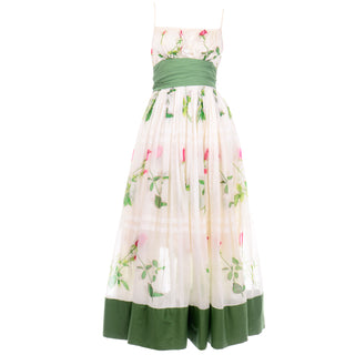 Vintage Pat Premo Dress With Full Skirt Pink Roses and Green Sash Cotton Voile 1950s 
