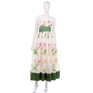1950s Vintage Pat Premo Dress With Full Skirt Pink Roses and Green Sash