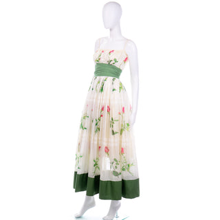 Vintage Pat Premo Dress With Full Skirt Pink Roses Print and Green Sash