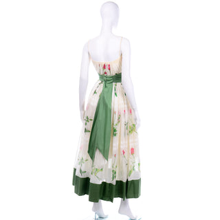 Cotton Voile 1950s Vintage Pat Premo Dress With Full Skirt Pink Roses and Green Sash
