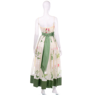 Vintage Pat Premo Dress With Full Skirt Pink Roses and Green Sash cotton voile
