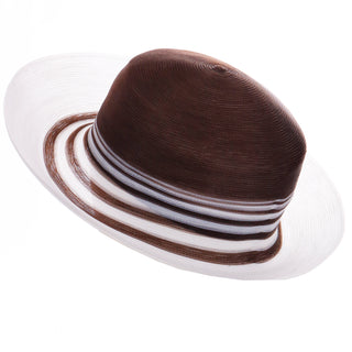 1980s Patricia Underwood Brown & White Striped Summer Hat  with white brim