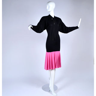1980s Patrick Kelly Vintage Color Block Pink and Black Dress Dolman Sleeves