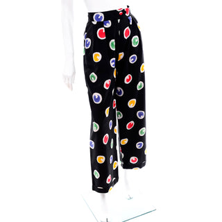 1980s Patrick Kelly Vintage Pants Abstract Circle Button Print Black Trousers
