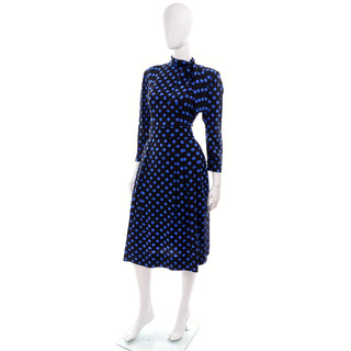 Pauline Trigere Vintage Blue and Black Polka Dot Silk Dress With Tie