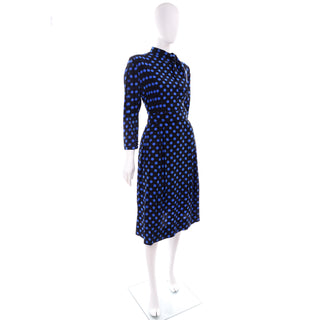 Pauline Trigere Vintage Blue and Black Polka Dot Silk Dress Long Sleeve