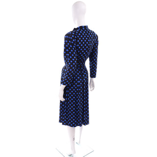 Pauline Trigere Vintage Blue and Black Polka Dot Silk Dress Excellent