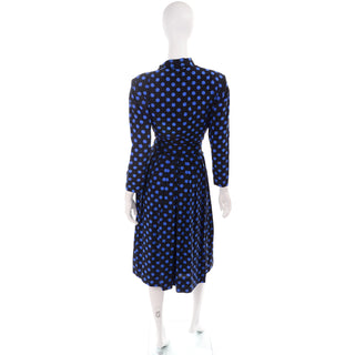 Pauline Trigere Vintage Blue and Black Polka Dot Silk Dress late 1970s