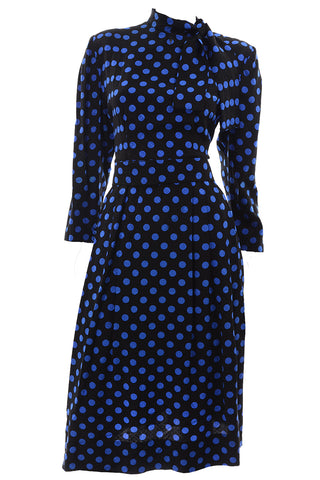 Pauline Trigere Vintage Blue and Black Polka Dot Silk Dress