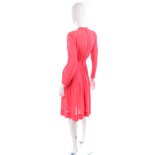 1970s Pauline Trigere Salmon Pink Dress w/ Keyhole Slit & Pleated Skirt