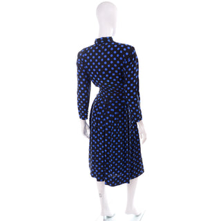 Pauline Trigere Vintage Blue and Black Polka Dot Fine Silk Dress