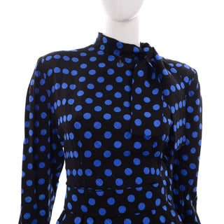 Pauline Trigere Vintage Blue and Black Polka Dot Silk Dress With Sash