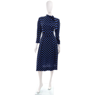 Pauline Trigere Vintage Blue and Black Polka Dot Silk Dress With Bow