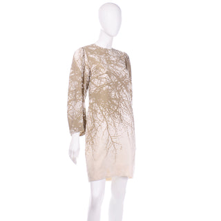 Pauline Trigere Vintage Taupe Abstract Branch Shift Dress