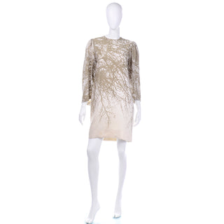 Pauline Trigere Vintage Taupe Abstract Branch Shift Dress