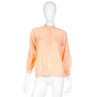 1970s YSL peach gauze cotton peasant blouse with mandarin collar1970s Yves Saint Laurent YSL Peach Gauze Peasant Top