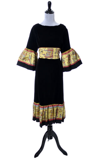 Theatrical Vintage Black Velvet Dress with Aztec Novelty print Trim 42B - Dressing Vintage