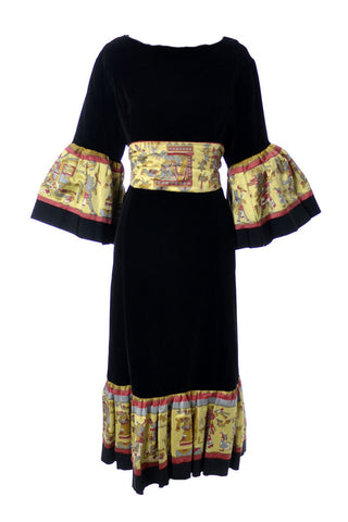 Theatrical Vintage Black Velvet Dress with Aztec Novelty print Trim 42B - Dressing Vintage