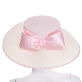 1980s Peter Bettley London Milliner Vintage Cream Hat w Pink Ribbon & Bow