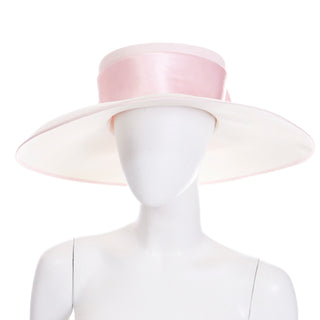 1980s Peter Bettley London Vintage Cream Wide Brim Hat w Pink Ribbon & Bow