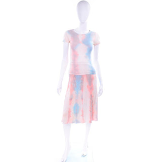 1970s Phyllis Sues Pink & Blue Cotton Tie Dye Skirt & Top