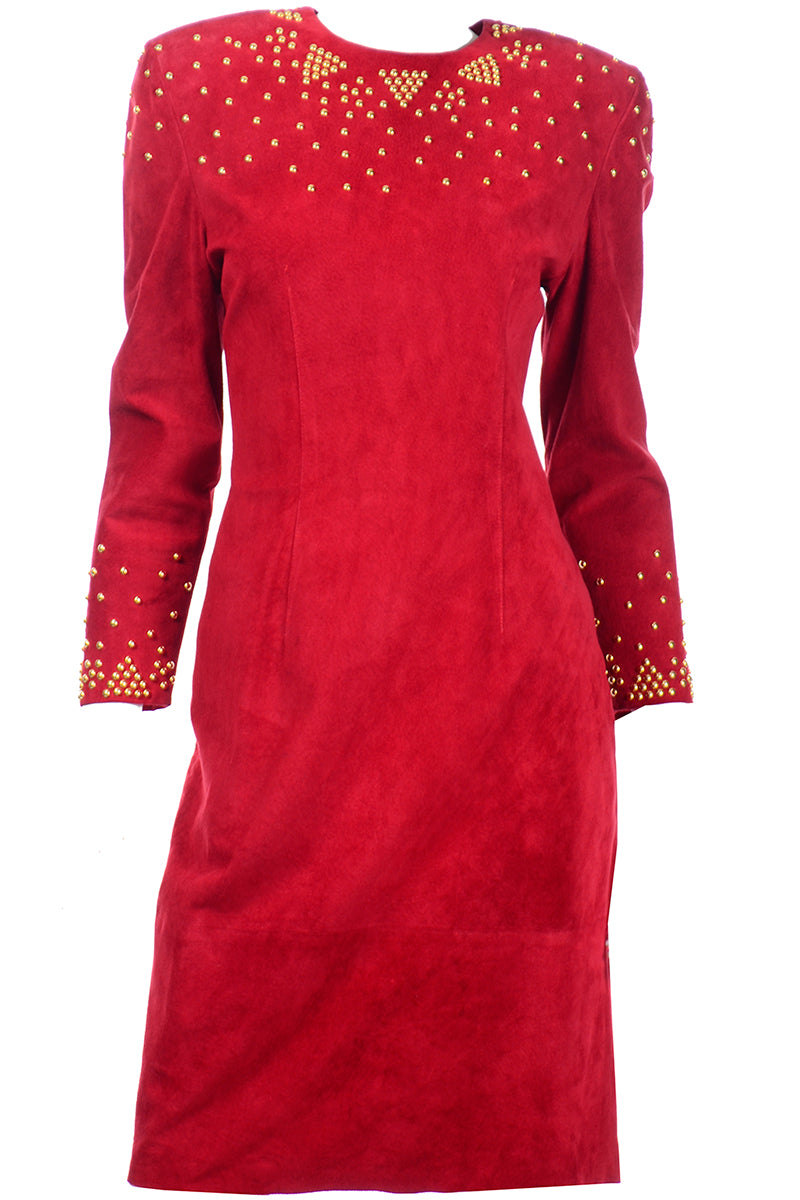 1980s Vintage Red Suede Dress with Gold Studs Modig 1980s Vintage Red Suede Dress with Gold Studs Modig