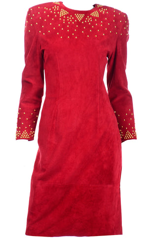 1980s Pia Rucci Vintage Red Suede Dress with Gold Studs