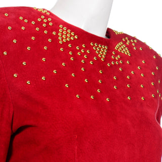 1980s Pia Rucci Vintage Red Suede Dress w Gold Studs