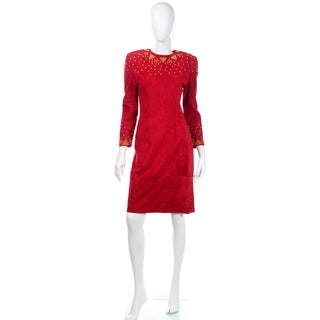 1980s Pia Rucci Vintage Red Suede Dress with Gold Studs long sleeves