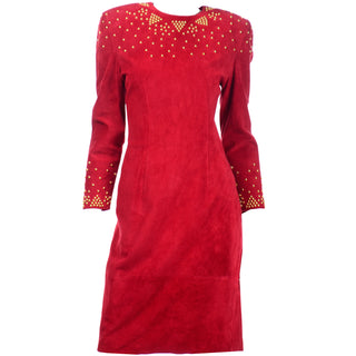 1980s Pia Rucci Vintage Red Suede Dress with Gold Studs Neiman Marcus