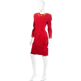 1980s Pia Rucci Vintage Red Suede Dress with Gold Studs flattering fit