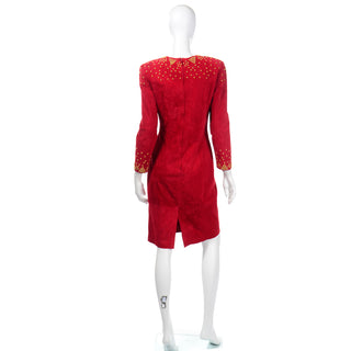 1980s Pia Rucci Vintage Red Suede Dress with Gold Studs kick pleat