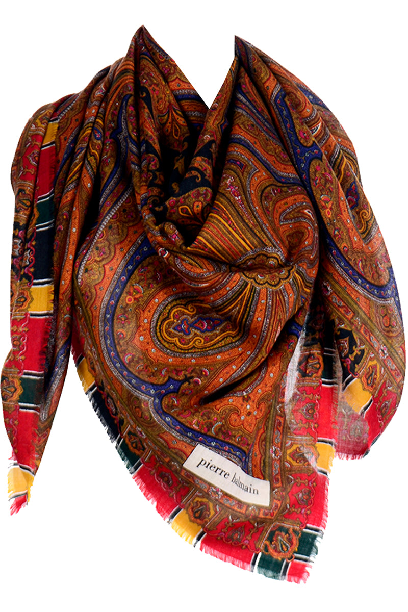Vintage Pierre Balmain Multi Colored Paisley Oversized Wool Scarf