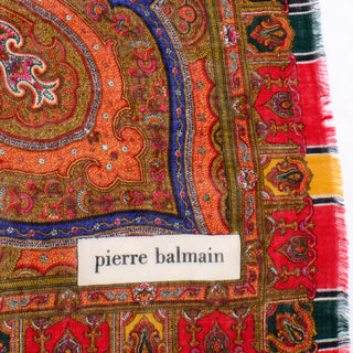 Designer Vintage Pierre Balmain Colorful Paisley Wool Scarf