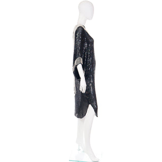 1980s Pierre Cardin Attr Vintage Beaded Black Designer Dress W Draped Ivory Pearls
