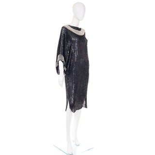 1980s Pierre Cardin Attr Vintage Beaded Black Dress W Draped Ivory Pearls Fits most